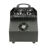 QTX Bubble Box high output bubble machine in black steel housing, front view showing fan grille, wand wheel, and top carry handle on a white background.
