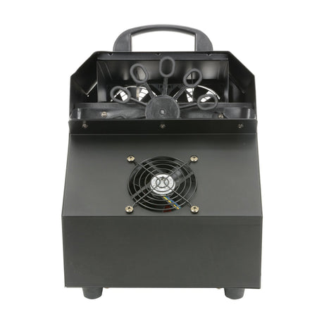 QTX Bubble Box high output bubble machine in black steel housing, front view showing fan grille, wand wheel, and top carry handle on a white background.