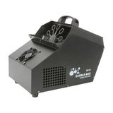 QTX Bubble Box bubble machine in matte black steel housing with top handle, front fan grille, rotating 10-wand wheel, and side ventilation panel.