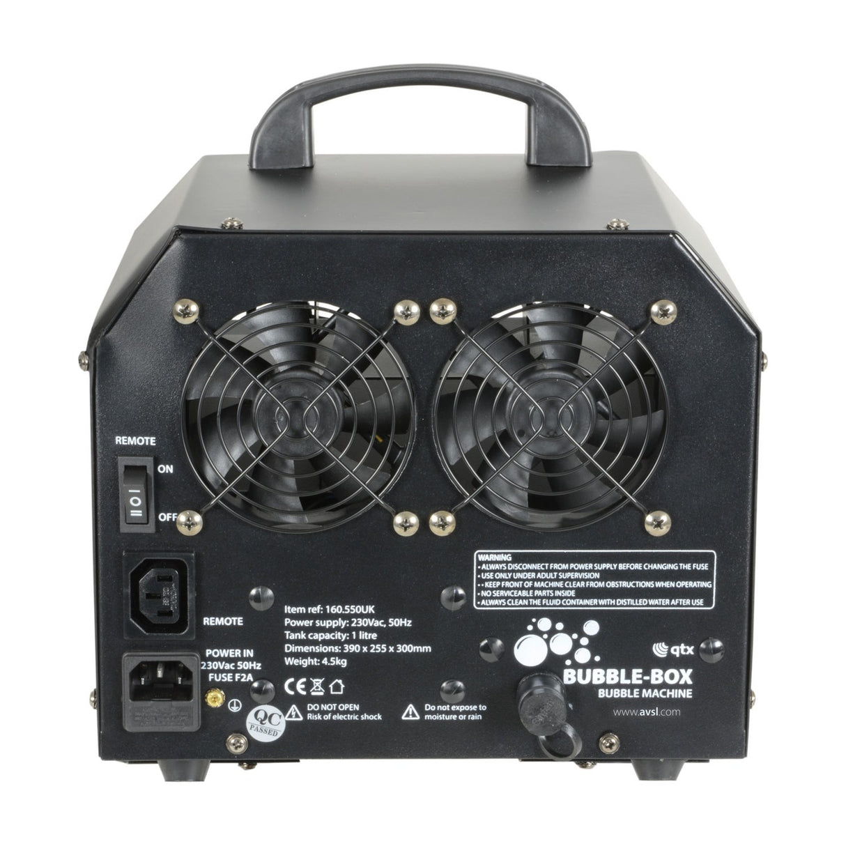 Rear view of QTX Bubble Box bubble machine in black steel housing with twin cooling fans, remote switch, IEC power inlet, and top carry handle.