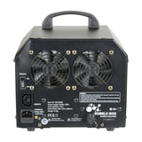 Rear view of QTX Bubble Box bubble machine in black steel housing with twin cooling fans, remote switch, IEC power inlet, and top carry handle.