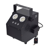QTX Double Bubble LED RGB bubble machine in matte black with twin bubble wheels, three RGB LEDs, mounting bracket and wireless remote.
