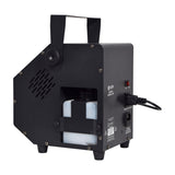 Rear view of the QTX Double Bubble LED RGB bubble machine by AVSL, showing the matte black casing, carry handle, fluid tank, IEC power inlet and on/off switch.