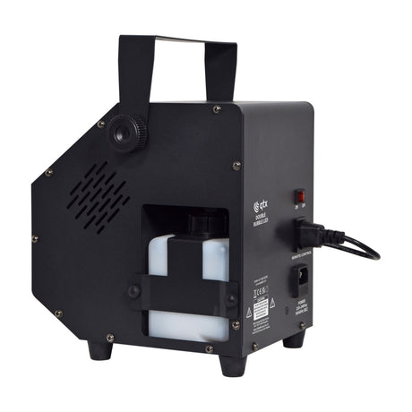 Rear view of the QTX Double Bubble LED RGB bubble machine by AVSL, showing the matte black casing, carry handle, fluid tank, IEC power inlet and on/off switch.