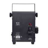 Rear view of the QTX Double Bubble LED RGB bubble machine by AVSL, showing the red on/off switch, IEC power inlet, remote control socket, and mounting bracket.
