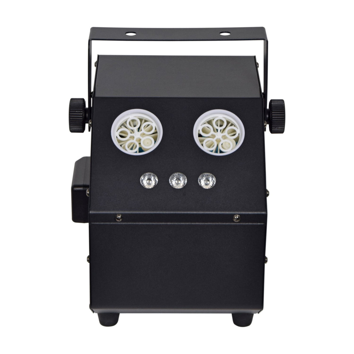 QTX Double Bubble LED RGB bubble machine by AVSL, matte black casing with twin white bubble wheels, three RGB LEDs, side knobs and mounting bracket.