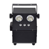 QTX Double Bubble LED RGB bubble machine by AVSL, matte black casing with twin white bubble wheels, three RGB LEDs, side knobs and mounting bracket.