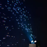 QTX Double Bubble LED RGB bubble machine projecting colourful illuminated bubbles from twin wheels into a dark room.