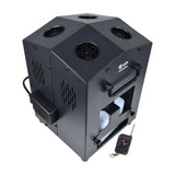 QTX Tetra Bubble 4-wheel high output bubble machine in matte black with four wand wheels, folding handle, removable fluid tank and wireless remote.