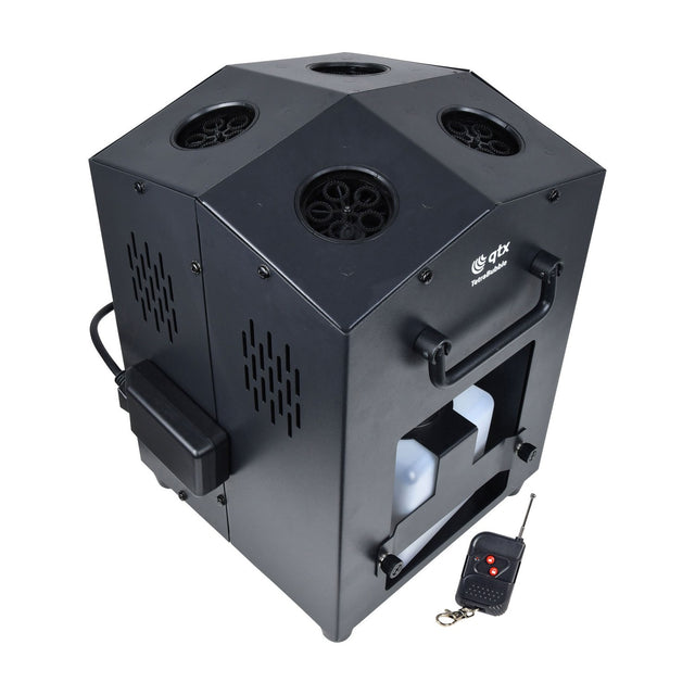 QTX Tetra Bubble 4-wheel high output bubble machine in matte black with four wand wheels, folding handle, removable fluid tank and wireless remote.