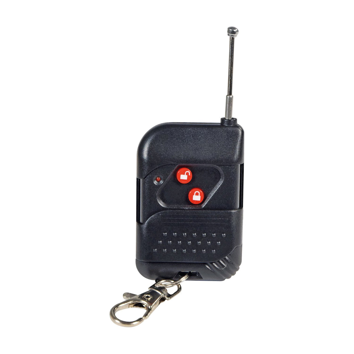 Black QTX Tetra wireless remote keyfob with red lock and unlock buttons, extended antenna and metal keyring clip, shown on a white background.
