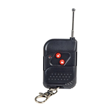 Black QTX Tetra wireless remote keyfob with red lock and unlock buttons, extended antenna and metal keyring clip, shown on a white background.