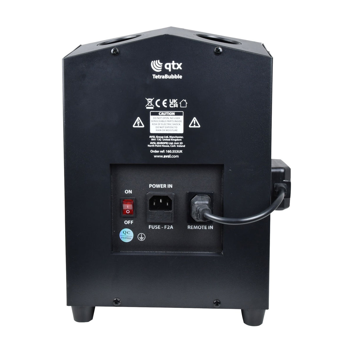 Rear view of the QTX Tetra Bubble machine by AVSL, showing the black casing with on/off switch, IEC power inlet, fuse holder, and remote input socket.