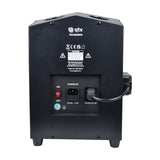 Rear view of the QTX Tetra Bubble machine by AVSL, showing the black casing with on/off switch, IEC power inlet, fuse holder, and remote input socket.