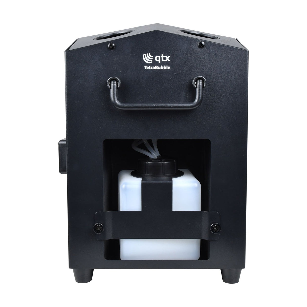 QTX TetraBubble 4-wheel bubble machine in matte black with folding carry handle, top output nozzles and removable 1.2 litre fluid tank visible at the front.
