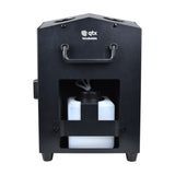 QTX TetraBubble 4-wheel bubble machine in matte black with folding carry handle, top output nozzles and removable 1.2 litre fluid tank visible at the front.
