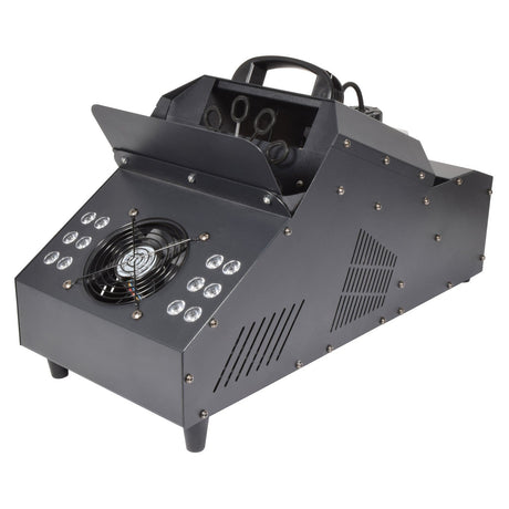 Introducing the QTX LED Bubble Fog Machine, a stylish device with a sleek black metallic finish. It boasts a convenient top handle, multiple small LED lights encircling its fan vent, and an elegantly sloped front panel. This fog machine is DMX compatible and comes equipped with bolts and vents to enhance its performance.