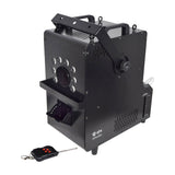 QTX QTFX-LBF2 800W LED bubble and fog machine in matte black steel with RGB LED front panel, bubble fluid gauge, and 433MHz keyfob remote.