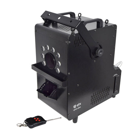 QTX QTFX-LBF2 800W LED bubble and fog machine in matte black steel with RGB LED front panel, bubble fluid gauge, and 433MHz keyfob remote.