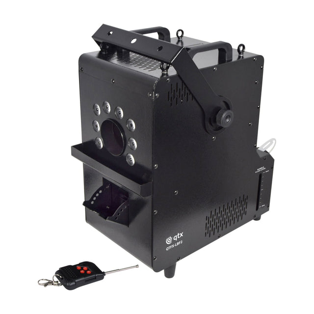 QTX QTFX-LBF2 800W LED bubble and fog machine in matte black steel with RGB LED front panel, bubble fluid gauge, and 433MHz keyfob remote.