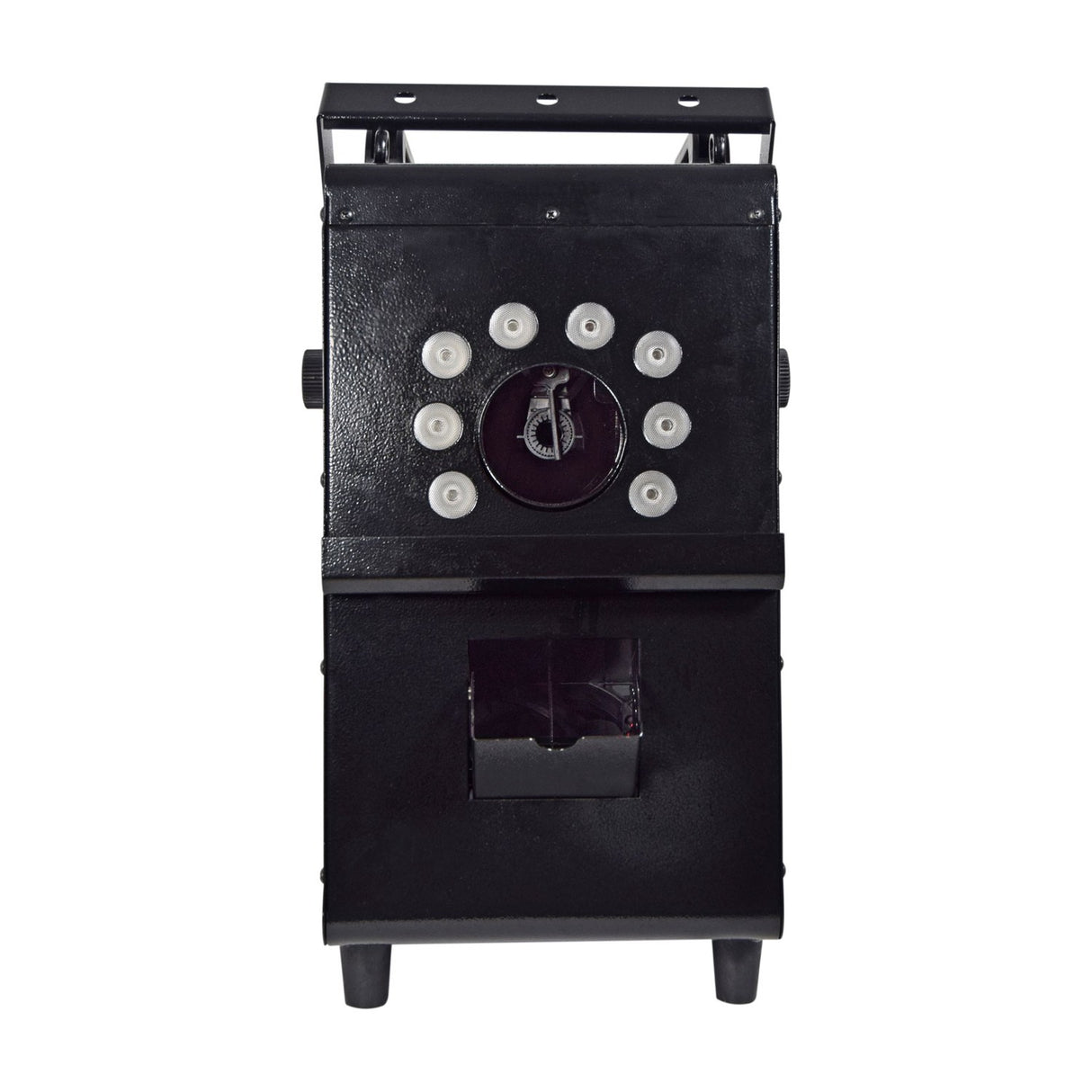 Front view of the QTX QTFX-LBF2 800W LED Bubble and Fog Machine by AVSL, showing 8 RGB LEDs around a UV effect and lower bubble outlet.
