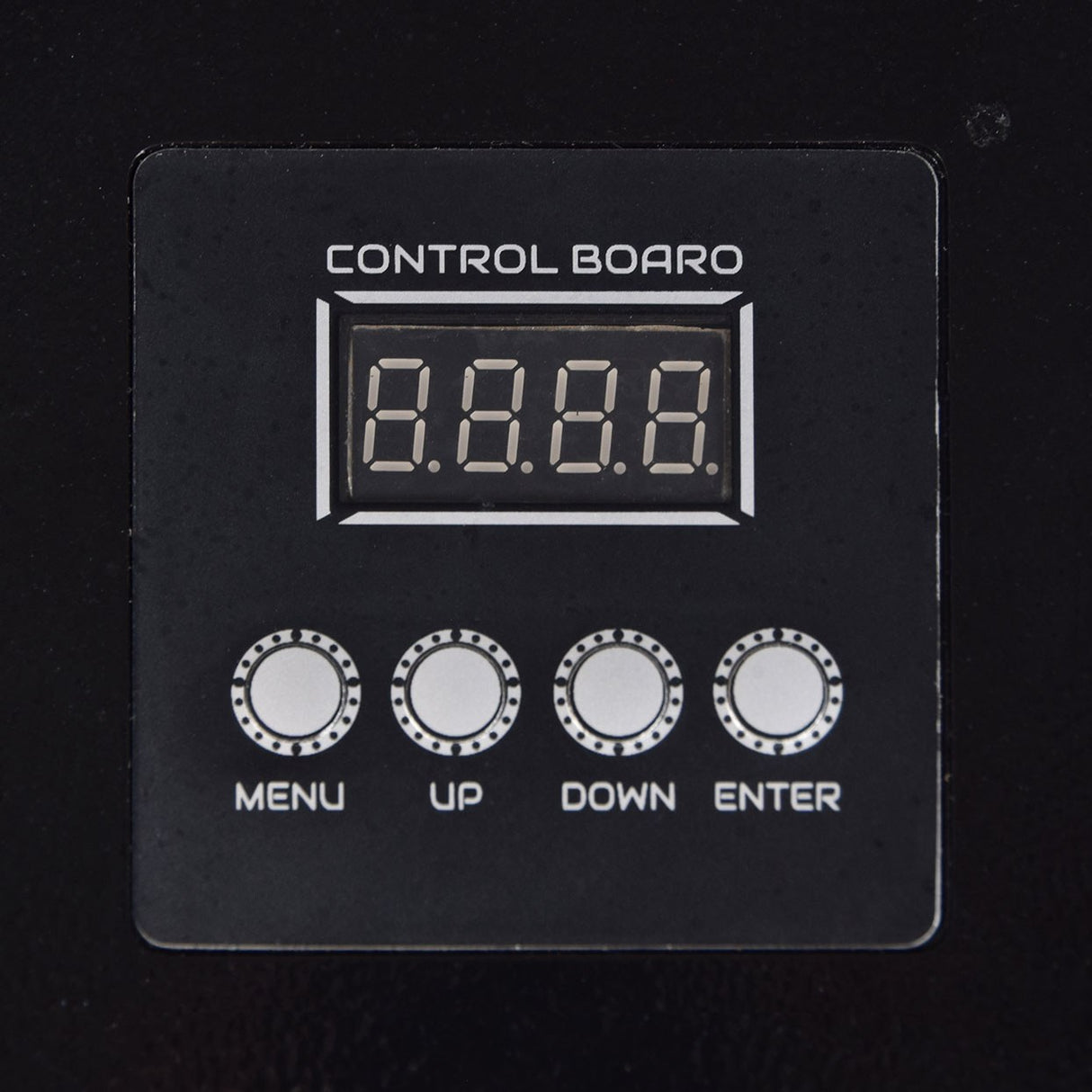 Close-up of the QTX QTFX-LBF2 bubble and fog machine control board with four-digit LCD display and Menu, Up, Down and Enter buttons.