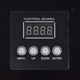 Close-up of the QTX QTFX-LBF2 bubble and fog machine control board with four-digit LCD display and Menu, Up, Down and Enter buttons.