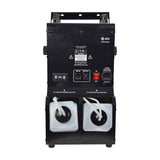 Rear view of the QTX QTFX-LBF2 bubble and fog machine with DMX in/out, IEC power inlet, on/off switch, and two removable fluid tanks below.