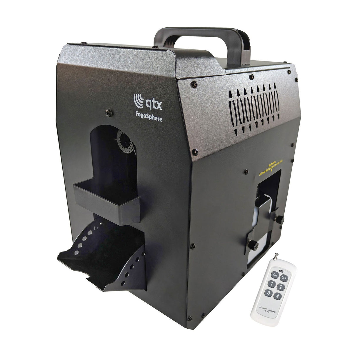 QTX FogoSphere 700W compact bubble fog machine in matte black with top carry handle, side vents and included white RF remote, on a plain background.