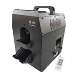 QTX FogoSphere 700W compact bubble fog machine in matte black with top carry handle, side vents and included white RF remote, on a plain background.