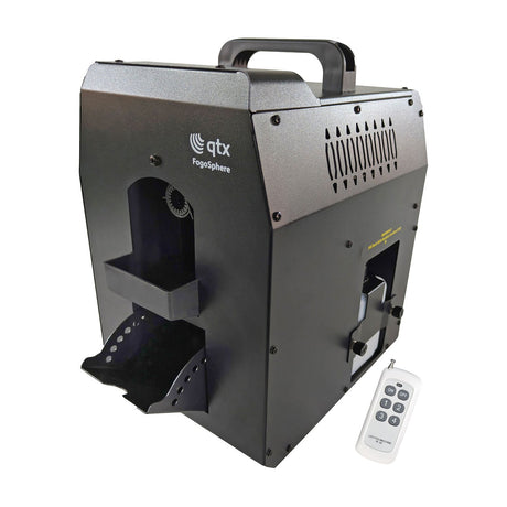 QTX FogoSphere 700W compact bubble fog machine in matte black with top carry handle, side vents and included white RF remote, on a plain background.