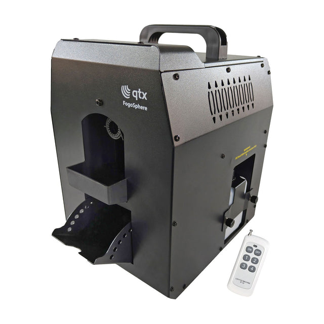 QTX FogoSphere 700W compact bubble fog machine in matte black with top carry handle, side vents and included white RF remote, on a plain background.