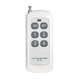 QTX FogoSphere RF remote control with ON, OFF and numbered 1-4 grey buttons, white casing and short antenna, shown on a plain white background.