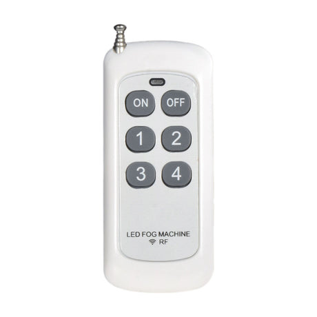 QTX FogoSphere RF remote control with ON, OFF and numbered 1-4 grey buttons, white casing and short antenna, shown on a plain white background.