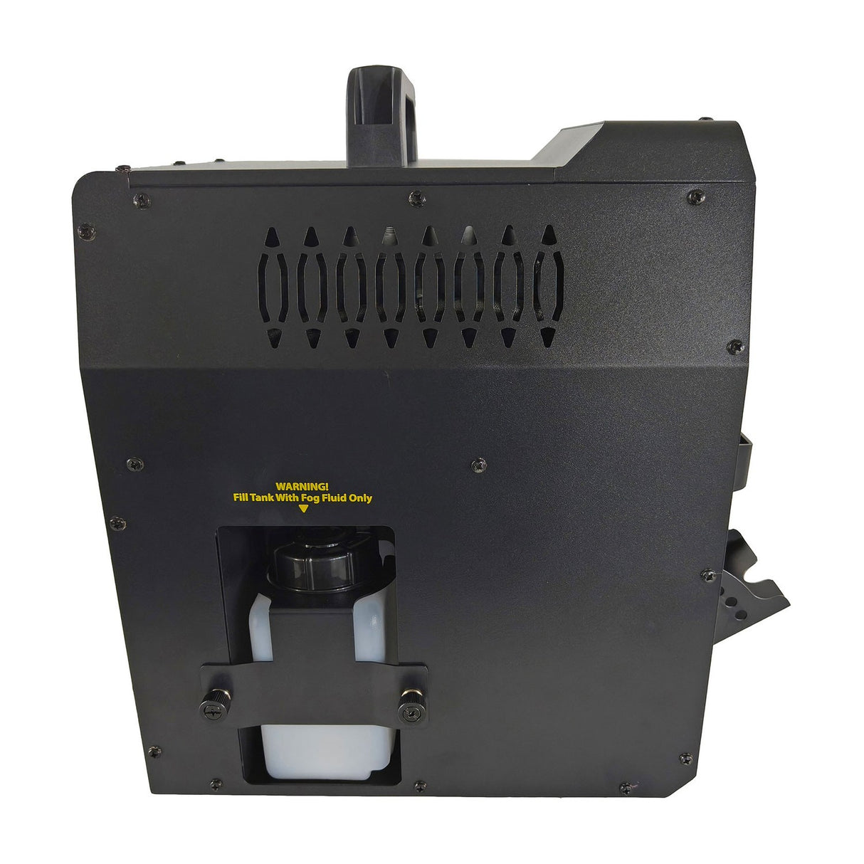 Side view of the QTX FogoSphere 700W compact bubble fog machine by AVSL in matte black, showing side vents, top handle and removable fog fluid tank.