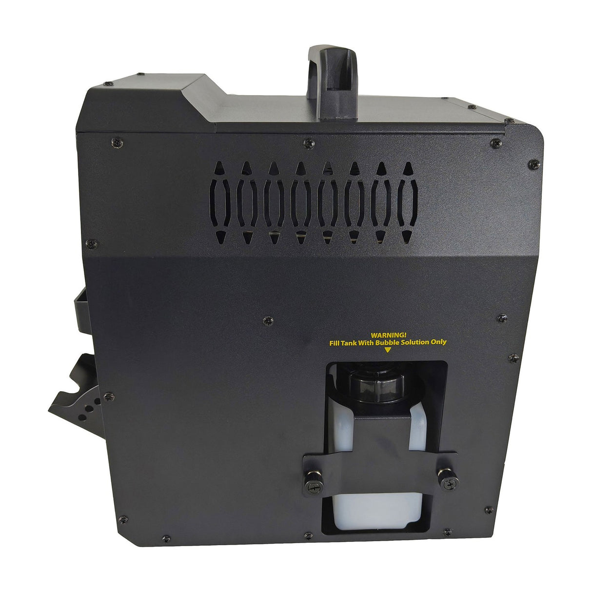 Side view of the QTX FogoSphere 700W compact bubble fog machine by AVSL in matte black, showing side vents, carry handle and removable fluid tank.