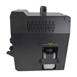 Side view of the QTX FogoSphere 700W compact bubble fog machine by AVSL in matte black, showing side vents, carry handle and removable fluid tank.