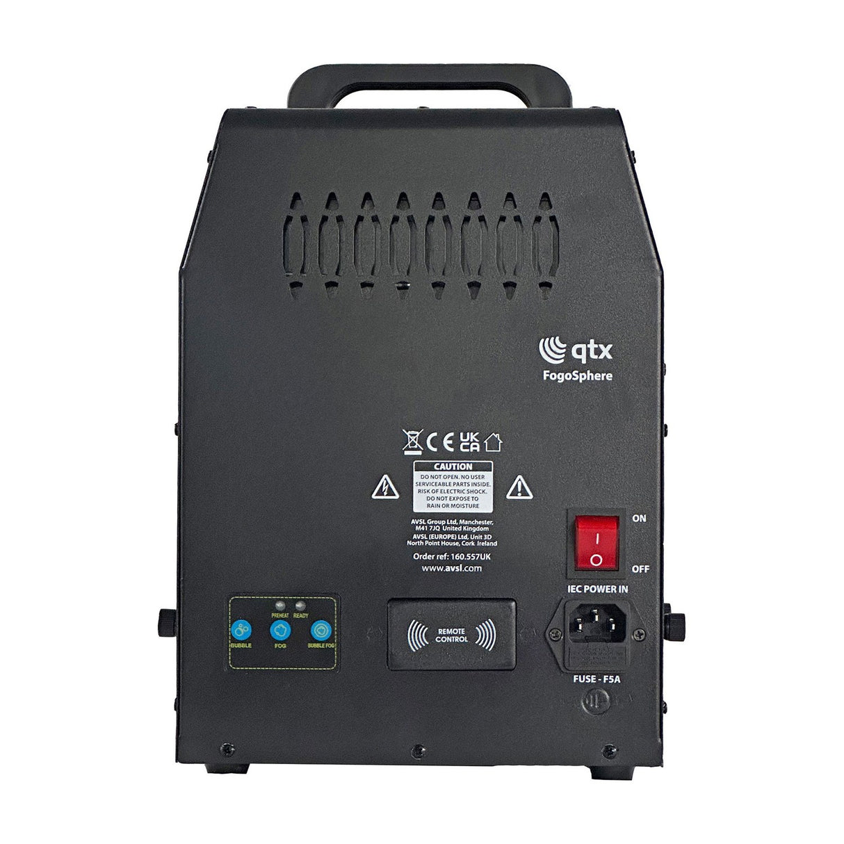 Rear view of the QTX FogoSphere 700W bubble fog machine by AVSL, showing vents, on/off switch, IEC power inlet, control buttons and remote sensor.