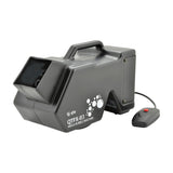 QTX QTFX-B3 Mega Bubble Machine in matte black ABS with top handle, front bubble outlet, and wired handheld remote with red button, on white.