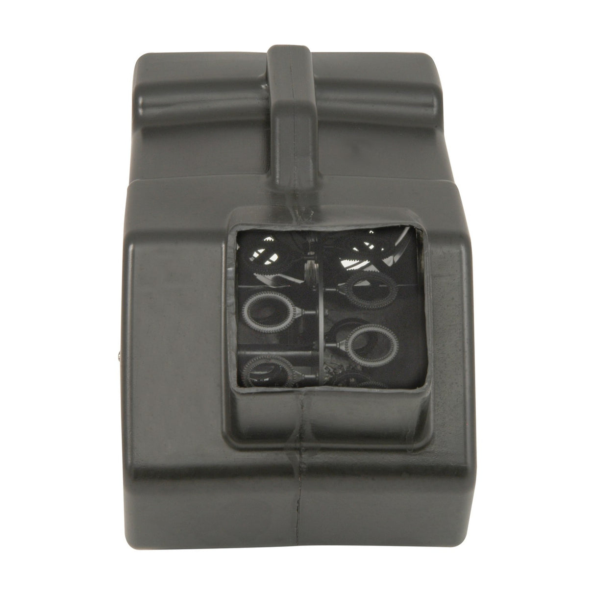 Front view of the QTX QTFX-B3 grey ABS bubble machine showing the square output window with barrel-rolling wands and rings inside.