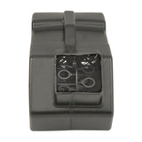 Front view of the QTX QTFX-B3 grey ABS bubble machine showing the square output window with barrel-rolling wands and rings inside.