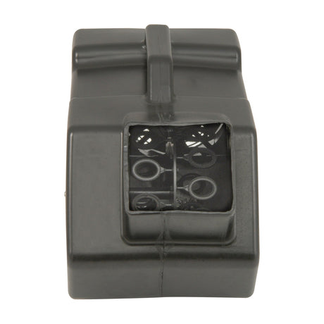 Front view of the QTX QTFX-B3 grey ABS bubble machine showing the square output window with barrel-rolling wands and rings inside.