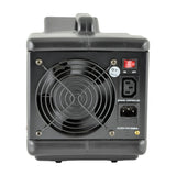 Rear view of the QTX QTFX-B3 bubble machine showing the black ABS casing with fan grille, red on/off switch, IEC power inlet and manual controller port.