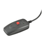 Handheld wired remote control for the QTX QTFX-B3 Bubble Machine, featuring a black casing with a red push button and two green indicator LEDs.