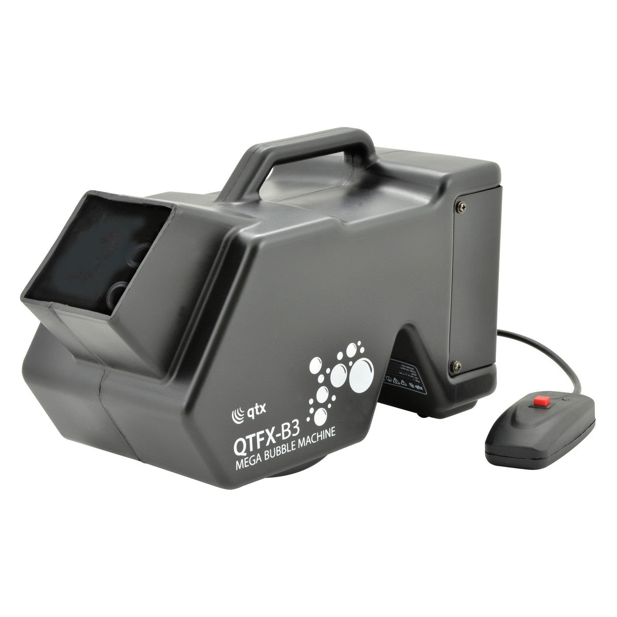 A QTX QTFX-B3 Bubble Machine in black features a rectangular opening and is equipped with a wired remote control that has a single red button. Engineered for high bubble output, it performs optimally with QTX bubble fluid, creating an enchanting atmosphere at any event.