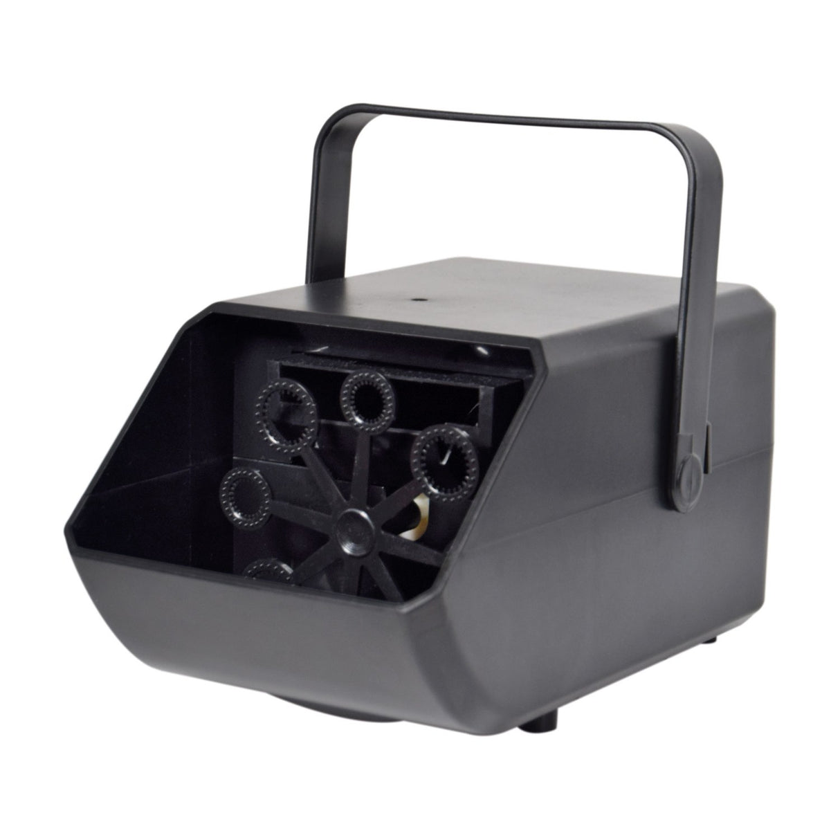 QTX Mini Bubble USB compact portable bubble machine in matte black plastic with carry handle and eight-wand wheel visible inside, on a white background.