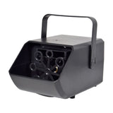 QTX Mini Bubble USB compact portable bubble machine in matte black plastic with carry handle and eight-wand wheel visible inside, on a white background.