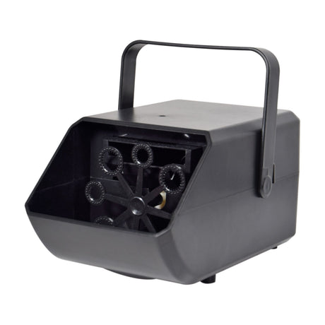 QTX Mini Bubble USB compact portable bubble machine in matte black plastic with carry handle and eight-wand wheel visible inside, on a white background.