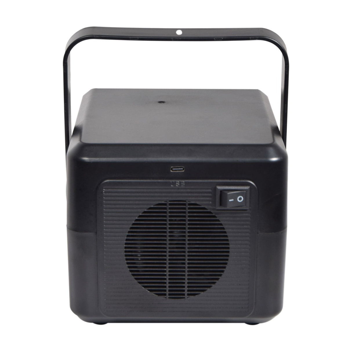 QTX Mini Bubble USB compact portable bubble machine in black with carry handle, front fan grille, USB-C port and on/off rocker switch.