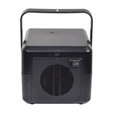QTX Mini Bubble USB compact portable bubble machine in black with carry handle, front fan grille, USB-C port and on/off rocker switch.